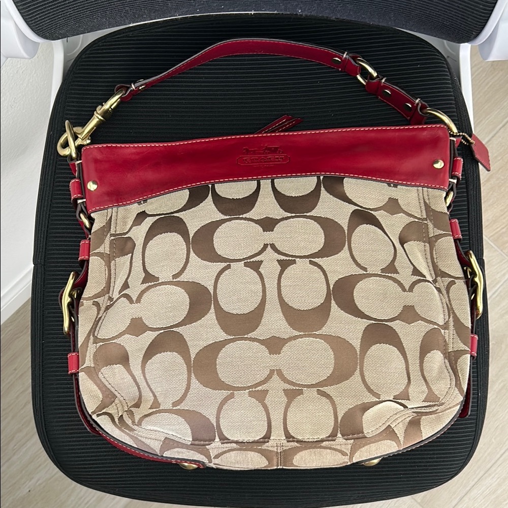 Coach Red and Brown Signature Shoulder Bag